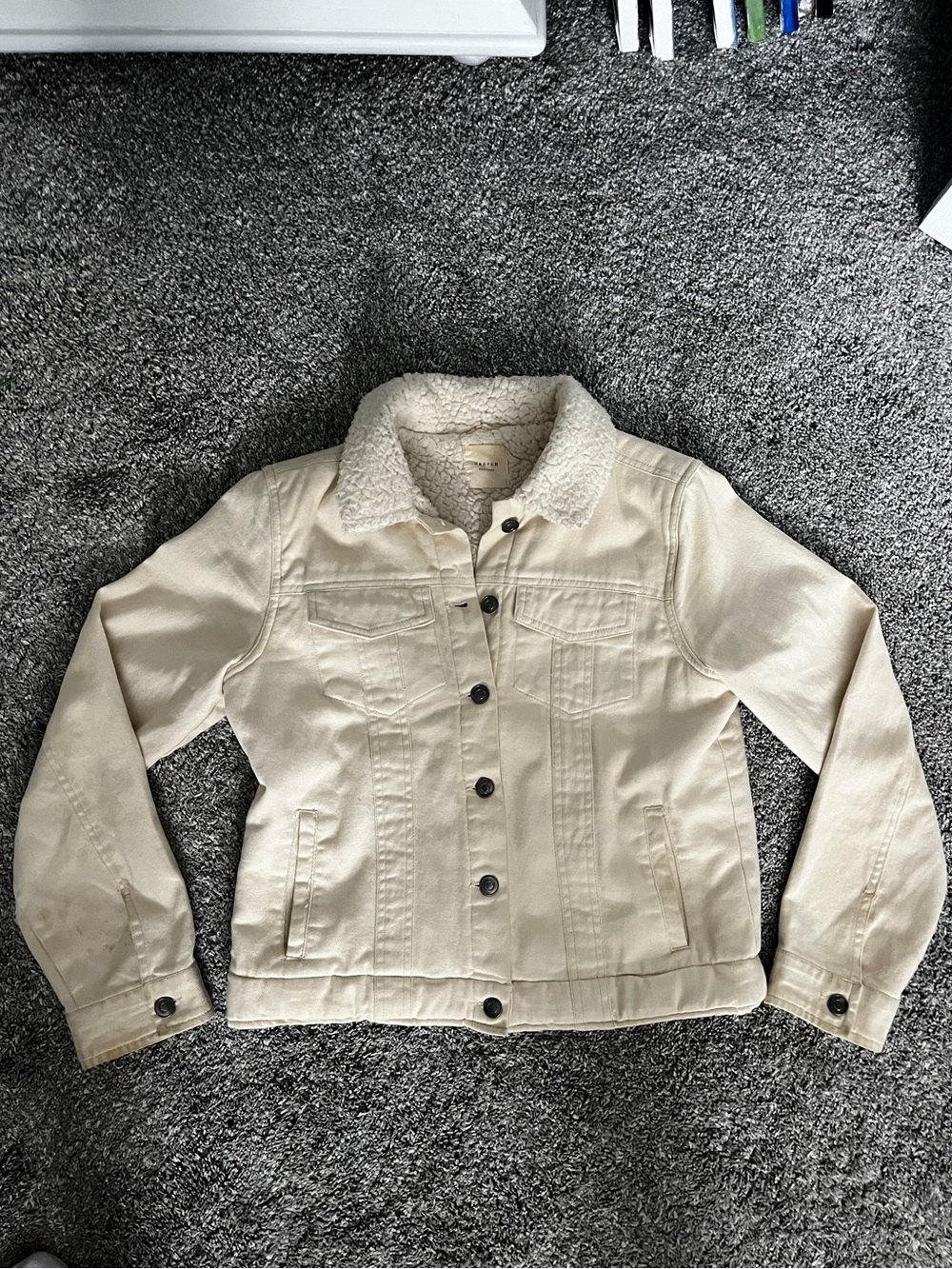 Sherpa-Lined Cream Denim Jacket with Button Front